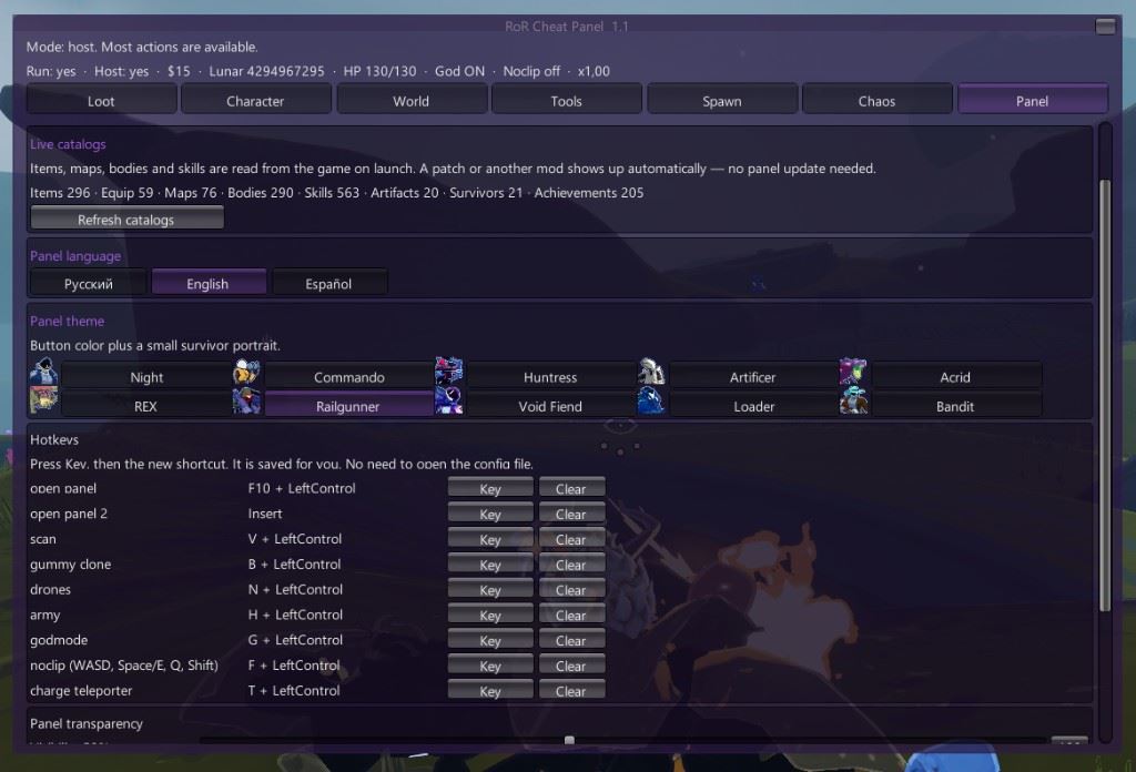RoR Cheat Panel settings